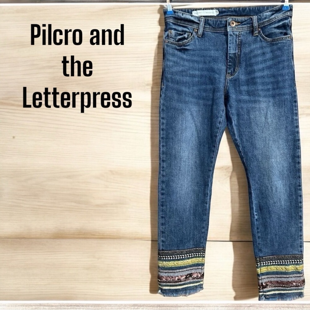 Pilcro and the Letterpress Anthropologie Blue  Denim Raw Beaded Ribbon Hem Jeans